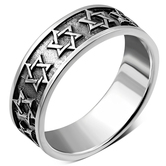 Ring-- Stelling Silver band with raised Star of David motif Unisex - Picture 2 of 3